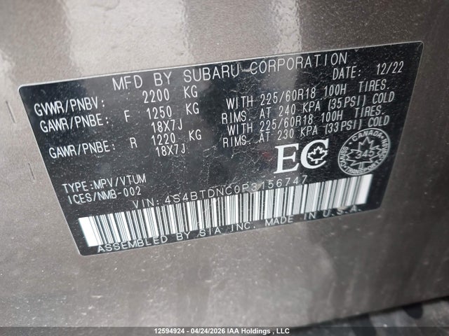 4S4BTDNC0P3156747 Subaru Outback Limited