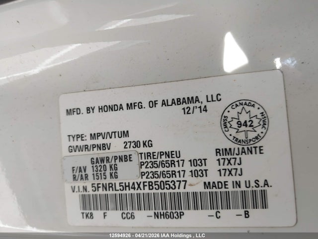 12594926 :رقم المزاد ، 5FNRL5H4XFB505377 vin ، 2015 Honda Odyssey Ex مزاد بيع
