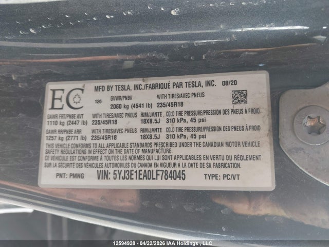 Aukcja sprzedaży 2020 Tesla Model 3 Standard Range Plus, vin: 5YJ3E1EA0LF784045, numer aukcji: 12594928