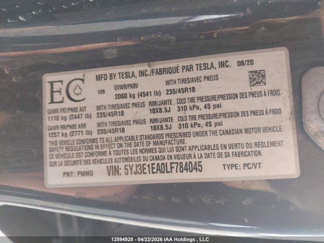 Aukcja sprzedaży 2020 Tesla Model 3 Standard Range Plus, vin: 5YJ3E1EA0LF784045, numer aukcji: 12594928