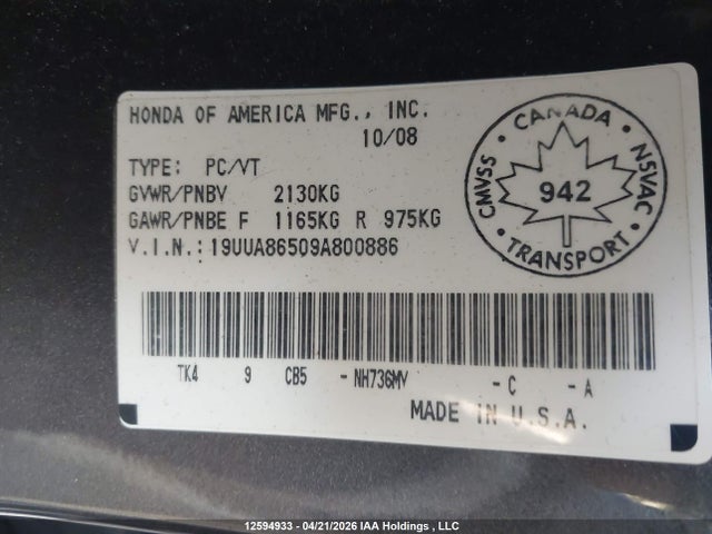 12594933 :رقم المزاد ، 19UUA86509A800886 vin ، 2009 Acura Tl مزاد بيع