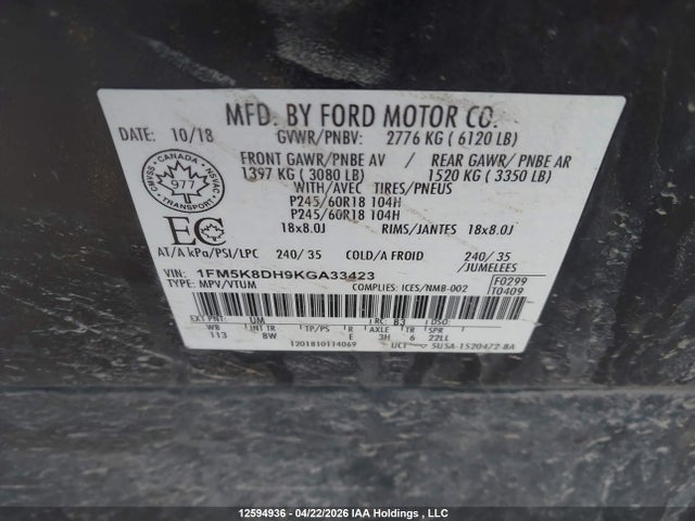 1FM5K8DH9KGA33423 Ford EXPLORER XLT
