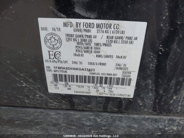 1FM5K8DH9KGA33423 Ford EXPLORER XLT