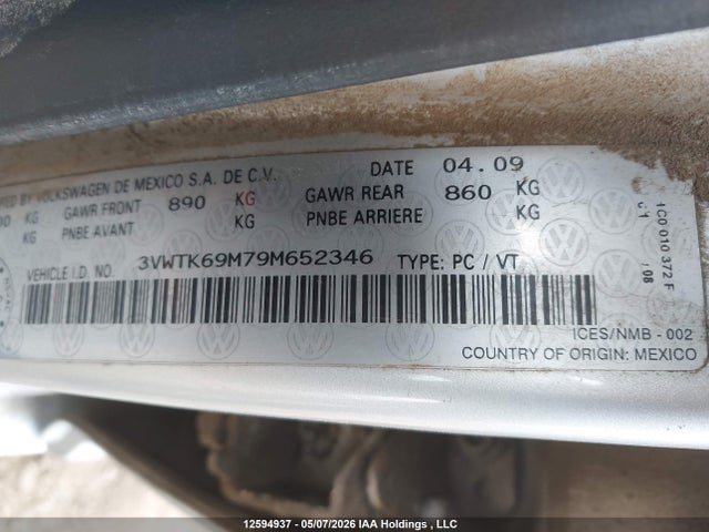 2009 Volkswagen City Jetta მანქანა იყიდება აუქციონზე, vin: 3VWTK69M79M652346, აუქციონის ნომერი: 12594937