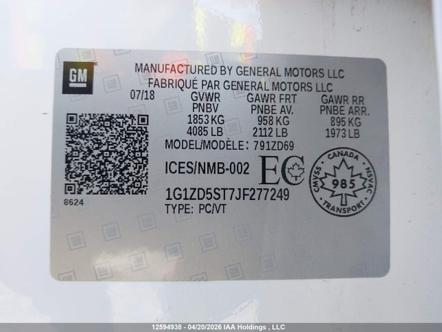Auction sale of the 2018 Chevrolet Malibu Lt, vin: 1G1ZD5ST7JF277249, lot number: 12594938