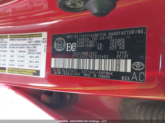 12594940 :رقم المزاد ، 2T1LE4EE1AC012403 vin ، 2010 Toyota Matrix مزاد بيع