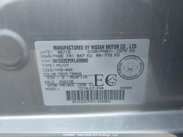 Продажа на аукционе авто 2015 Nissan Versa Note 1.6 S/1.6 Sl/1.6 Sr/1.6 Sv, vin: 3N1CE2CP2FL420960, номер лота: 12594947