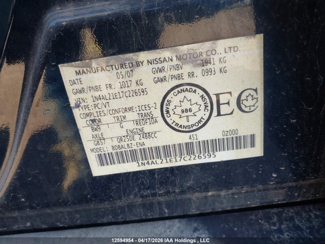 12594954 :رقم المزاد ، 1N4AL21E17C226595 vin ، 2007 Nissan Altima 2.5 S مزاد بيع