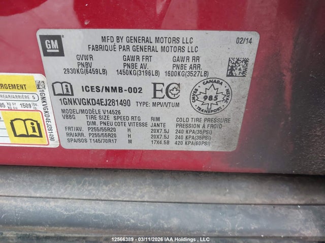 1GNKVGKD4EJ281490 Chevrolet Traverse 1lt