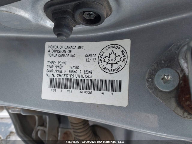 Aukcja sprzedaży 2018 Honda Civic Touring, vin: 2HGFC1F91JH101205, numer aukcji: 12561686