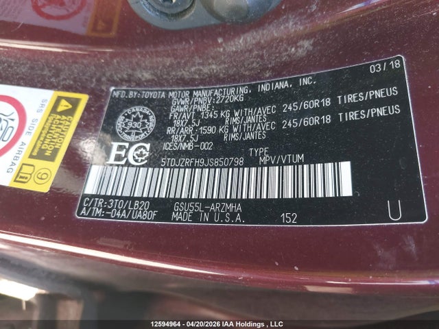 5TDJZRFH9JS850798 Toyota Highlander Xle