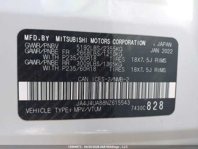 JA4J4UA88NZ615543 Mitsubishi Outlander Le/le Premium/se/sel