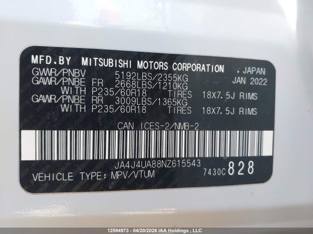 JA4J4UA88NZ615543 Mitsubishi Outlander Le/le Premium/se/sel