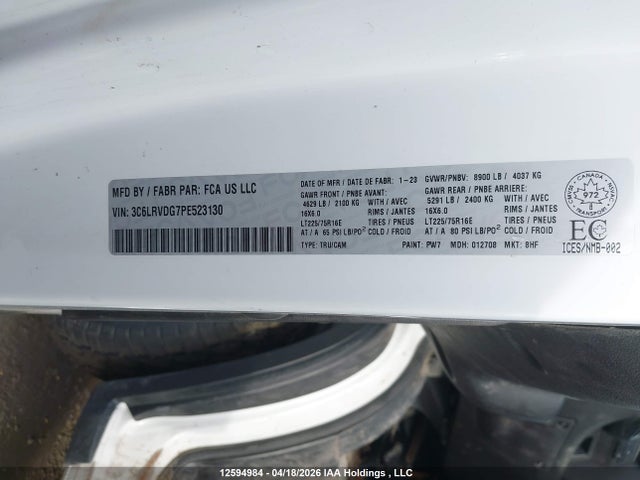 12594984 :رقم المزاد ، 3C6LRVDG7PE523130 vin ، 2023 Ram Promaster 2500 2500 High مزاد بيع
