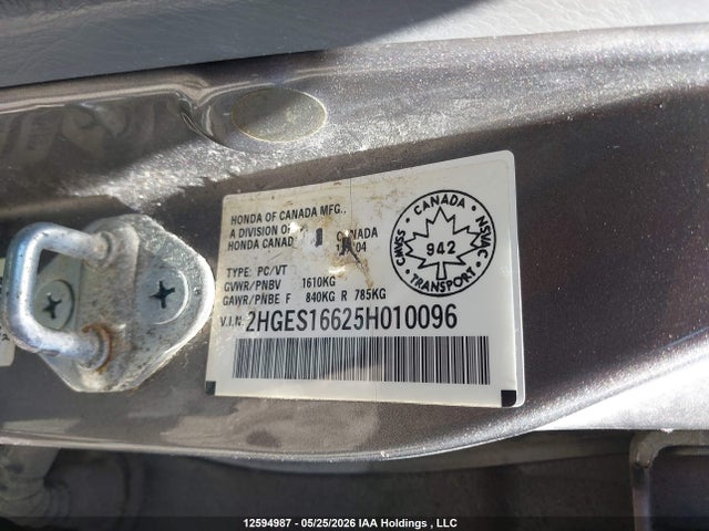2005 Honda Civic Lx მანქანა იყიდება აუქციონზე, vin: 2HGES16625H010096, აუქციონის ნომერი: 12594987