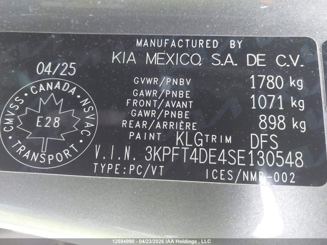 2025 Kia K4 Lx/lxs მანქანა იყიდება აუქციონზე, vin: 3KPFT4DE4SE130548, აუქციონის ნომერი: 12594990