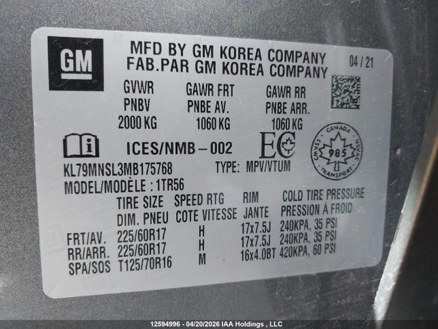 KL79MNSL3MB175768 Chevrolet Trailblazer Ls
