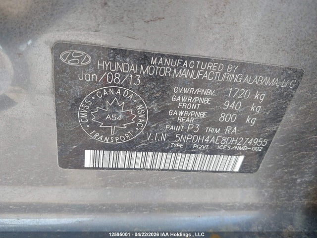 Aukcja sprzedaży 2013 Hyundai Elantra, vin: 5NPDH4AE8DH274955, numer aukcji: 12595001