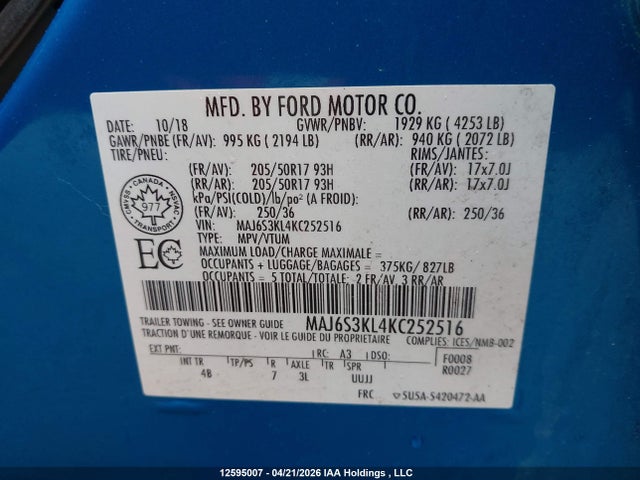 Продаж на аукціоні авто 2019 Ford Ecosport Titanium, vin: MAJ6S3KL4KC252516, номер лоту: 12595007