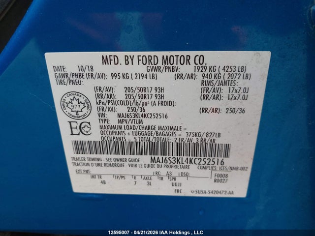 Продаж на аукціоні авто 2019 Ford Ecosport Titanium, vin: MAJ6S3KL4KC252516, номер лоту: 12595007
