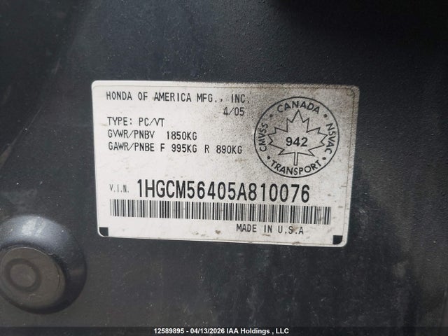 Aukcja sprzedaży 2005 Honda Accord Lx-g, vin: 1HGCM56405A810076, numer aukcji: 12589895