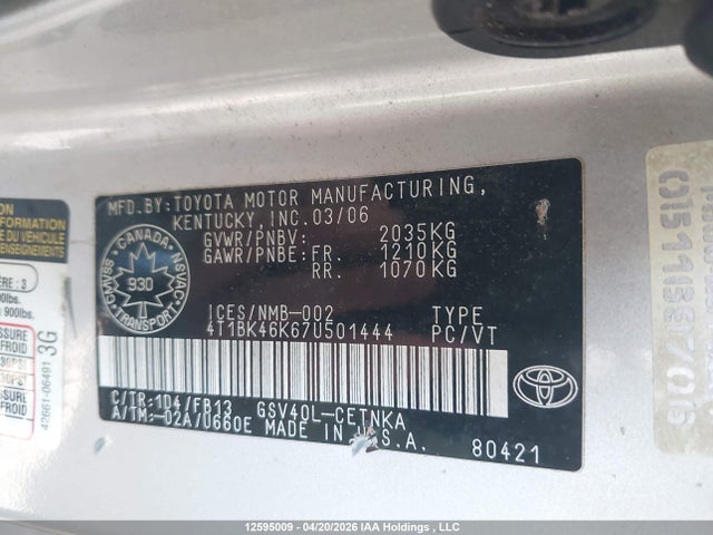 2007 Toyota Camry Le/xle/se მანქანა იყიდება აუქციონზე, vin: 4T1BK46K67U501444, აუქციონის ნომერი: 12595009