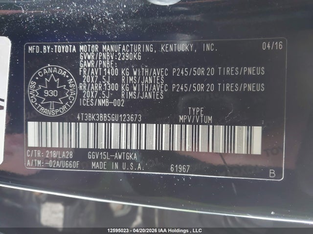 12595023 :رقم المزاد ، 4T3BK3BB5GU123673 vin ، 2016 Toyota Venza Xle مزاد بيع