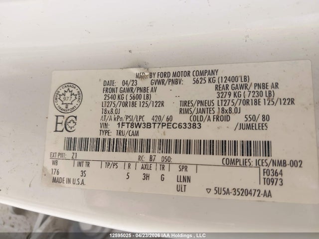 12595025 :رقم المزاد ، 1FT8W3BT7PEC63383 vin ، 2023 Ford F350 Super Duty مزاد بيع