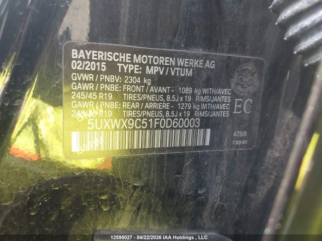 Продаж на аукціоні авто 2015 Bmw X3 Xdrive28i, vin: 5UXWX9C51F0D60003, номер лоту: 12595027