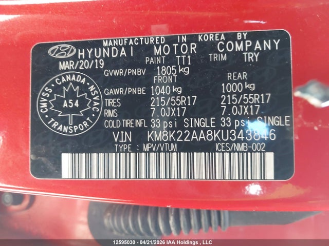 Продаж на аукціоні авто 2019 Hyundai Kona 2.0l Preferred, vin: KM8K22AA8KU343846, номер лоту: 12595030