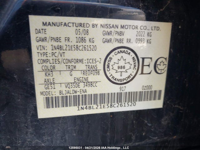 2008 Nissan Altima 3.5 Sl მანქანა იყიდება აუქციონზე, vin: 1N4BL21E58C261520, აუქციონის ნომერი: 12595031