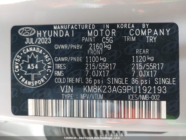 KM8K23AG9PU192193 Hyundai Kona Electric Preferred