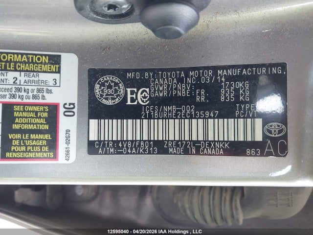 12595040 :رقم المزاد ، 2T1BURHE2EC135947 vin ، 2014 Toyota Corolla Le مزاد بيع