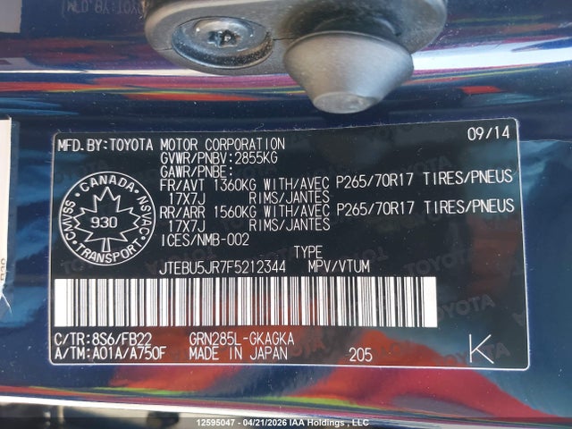 Aukcja sprzedaży 2015 Toyota 4runner Sr5 V6, vin: JTEBU5JR7F5212344, numer aukcji: 12595047