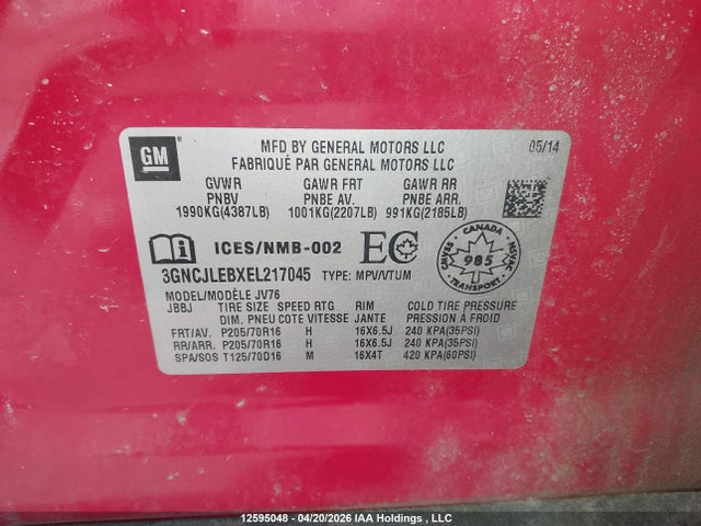 2014 Chevrolet Trax 1lt მანქანა იყიდება აუქციონზე, vin: 3GNCJLEBXEL217045, აუქციონის ნომერი: 12595048