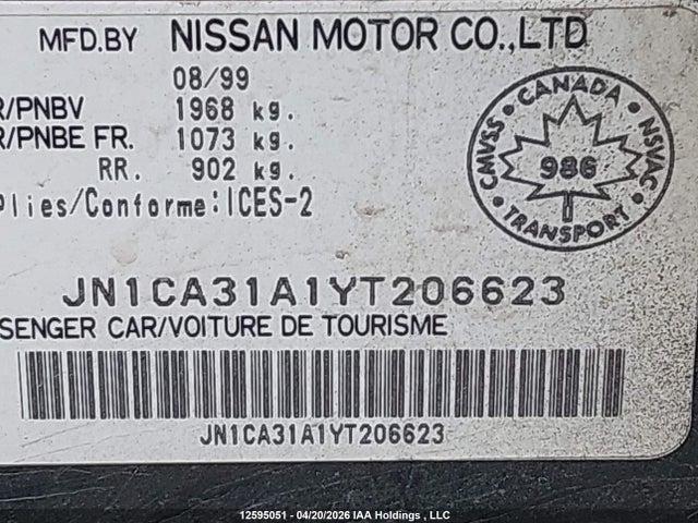 2000 Nissan Maxima Gle/gxe/se მანქანა იყიდება აუქციონზე, vin: JN1CA31A1YT206623, აუქციონის ნომერი: 12595051