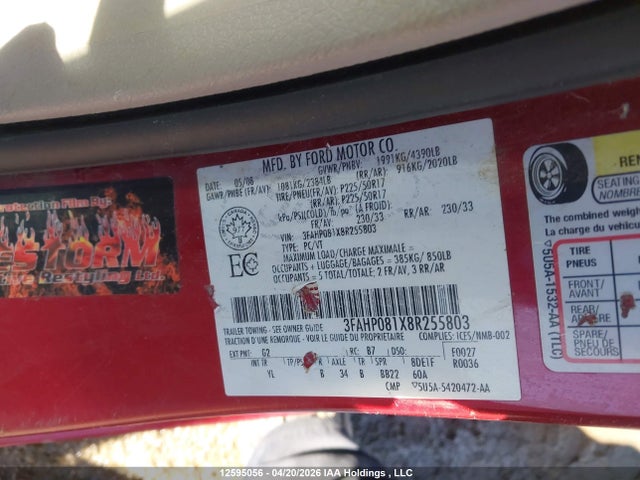 Продаж на аукціоні авто 2008 Ford Fusion Sel, vin: 3FAHP081X8R255803, номер лоту: 12595056