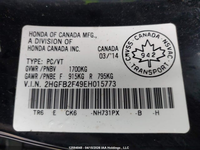 Aukcja sprzedaży 2014 Honda Civic Lx, vin: 2HGFB2F49EH015773, numer aukcji: 12584848