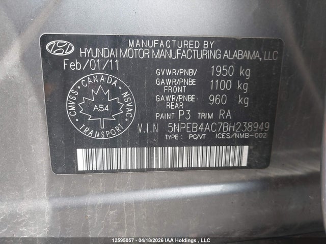 2011 Hyundai Sonata Gls მანქანა იყიდება აუქციონზე, vin: 5NPEB4AC7BH238949, აუქციონის ნომერი: 12595057