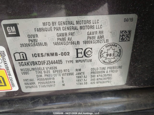 Buick Enclave 2015 5GAKVBKD9FJ344405 Image 9