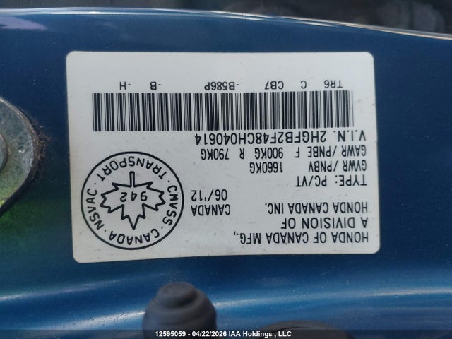 Aukcja sprzedaży 2012 Honda Civic Lx, vin: 2HGFB2F48CH040614, numer aukcji: 12595059