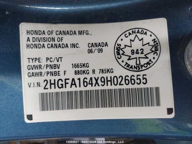 2009 Honda Civic Dx-g მანქანა იყიდება აუქციონზე, vin: 2HGFA164X9H026655, აუქციონის ნომერი: 12585921