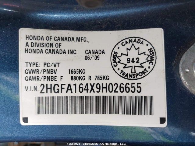 2009 Honda Civic Dx-g მანქანა იყიდება აუქციონზე, vin: 2HGFA164X9H026655, აუქციონის ნომერი: 12585921