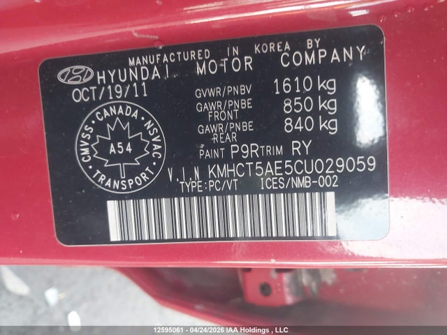 Продаж на аукціоні авто 2012 Hyundai Accent Gl, vin: KMHCT5AE5CU029059, номер лоту: 12595061