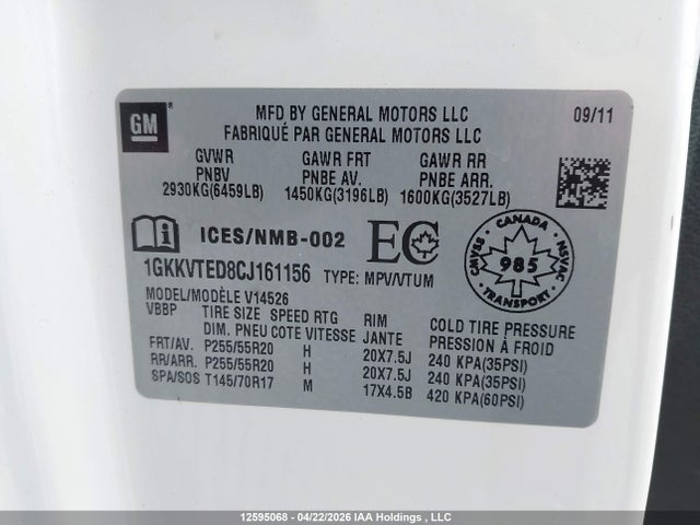 Aukcja sprzedaży 2012 Gmc Acadia Denali, vin: 1GKKVTED8CJ161156, numer aukcji: 12595068