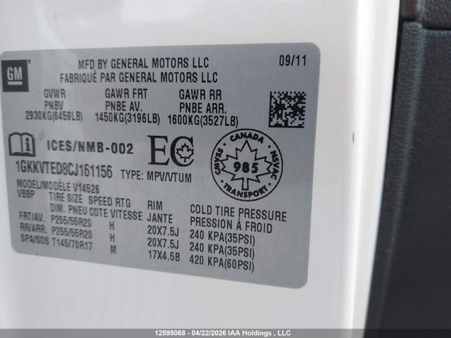 Aukcja sprzedaży 2012 Gmc Acadia Denali, vin: 1GKKVTED8CJ161156, numer aukcji: 12595068