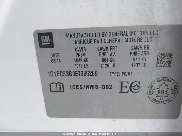 Aukcja sprzedaży 2014 Chevrolet Cruze Lt, vin: 1G1PC5SB0E7326289, numer aukcji: 12595072