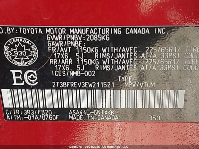 2014 Toyota Rav4 Le მანქანა იყიდება აუქციონზე, vin: 2T3BFREV3EW211521, აუქციონის ნომერი: 12595075