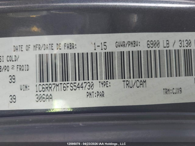 12595078 :رقم المزاد ، 1C6RR7MT6FS544730 vin ، 2015 Ram 1500 Sport مزاد بيع