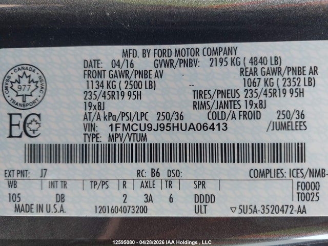 12595080 :رقم المزاد ، 1FMCU9J95HUA06413 vin ، 2017 Ford Escape Titanium مزاد بيع